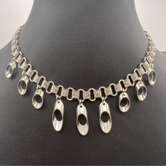 Vintage Jewelry - Unusual Silver Tone Book Chain Necklace w/ Midcentury Modern Dangles